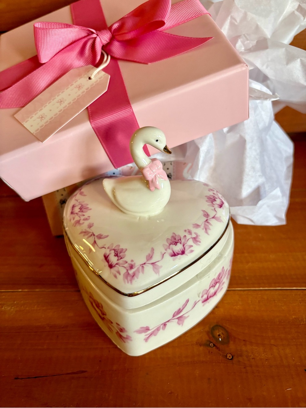 Porcelain Swan Heart Jewelry Trinket With Gift Box, Pink Floral Romantic Gift